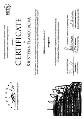 Certifikát účasti na Modelové EU ve Štrasburku
